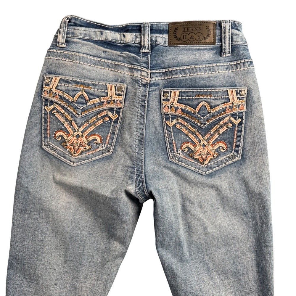 H&Y Flare Jeans Womens 3/4 Blue Embellished Back Pocket Y2K Bootcut Denim Baddie